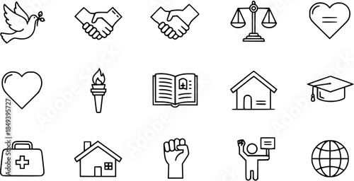 Diverse Human Rights and Social Justice Icons Set: Peace, Equality, Education, Health, Home, Freedom
