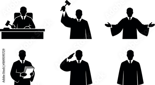 flavector judge silhouette icons – legal poses with gavel, documents, and courtroom gestures