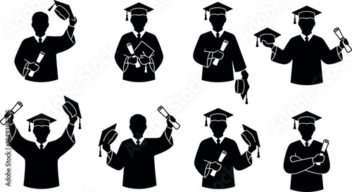 flavector graduate silhouette icons – celebratory poses with diploma and cap in academic attire