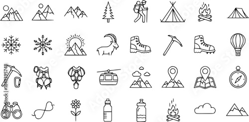 Outline Icons for Camping, Hiking, and Mountain Adventures: Nature, Sports, and Travel