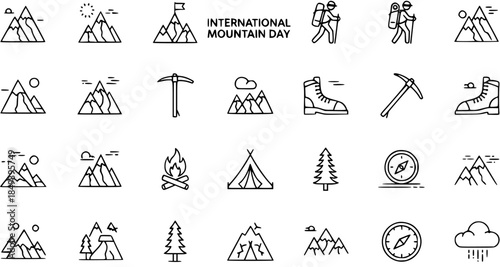 International Mountain Day Icons: Mountains, Hiking, Camping, Adventure, and Nature