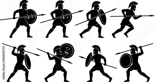 flavector Greek warrior silhouettes – ancient hoplite combat poses with helmet, shield, and spear