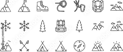 Outdoor Adventure and Camping Icon Set - Mountains, Hiking, Camping Gear, Snow, and Nature