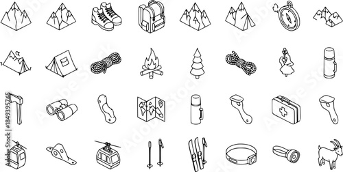 Outdoor Adventure and Hiking Gear Icons - Camping, Mountains, Sports Equipment Vector Set