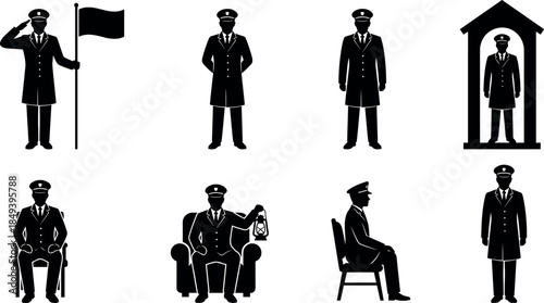 flavector guard silhouette set – uniformed officer poses in standing, sitting, and sentry box positions