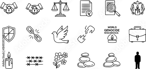 Human Rights, Justice, Peace  Remembrance: Line Icons of Freedom, Law, Security, and Memorial Symbols for Social Issues  Awareness