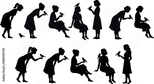 flavector girl and bird silhouettes – peaceful nature interaction in black vector poses and gestures