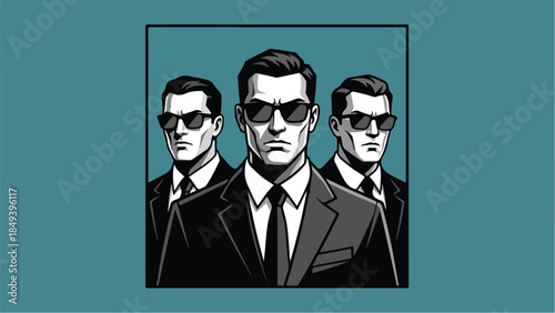 Three Men in Black Suits and Sunglasses Standing Together.