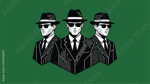 Three Men in Suits and Hats with Sunglasses on a Green Background.