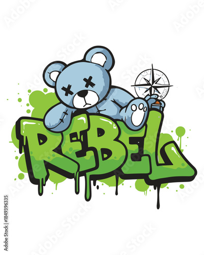Unique vector illustration showcasing a fearless teddy bear embodying the rebel spirit with artistic graffiti, perfect for adventurous and unconventional themes.