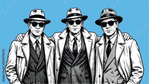 Three Men in Trench Coats and Hats Standing Together.