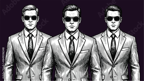 Three men in suits and sunglasses standing side by side exuding a mysterious and powerful aura in a black and white illustration style.