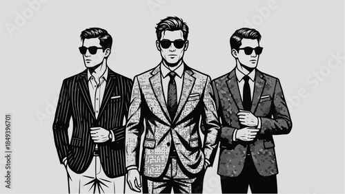 Three stylish men in suits and sunglasses exude confidence and sophistication in a monochrome illustration.