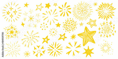 A vibrant collection of hand drawn yellow stars and sparkling firework illustrations