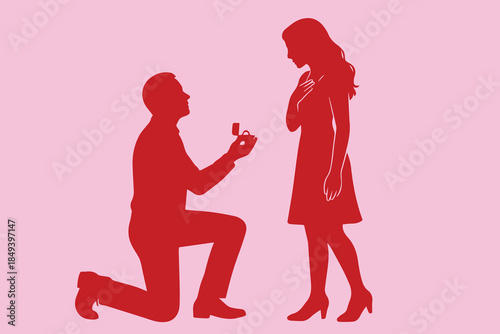 A romantic vector shows a man down on one knee proposing with a ring, capturing love, commitment, and an emotional moment filled with hope, devotion, and a promise of forever.