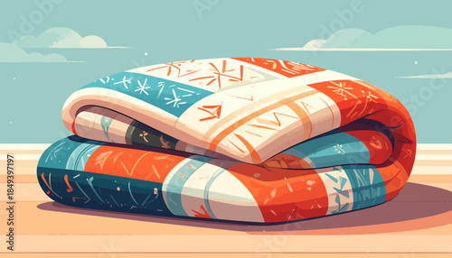 A vibrantly colored, folded patchwork quilt with geometric patterns resting on a light surface.