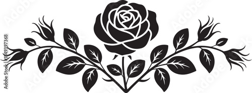 Black silhouette of a rose with leaves and buds flower