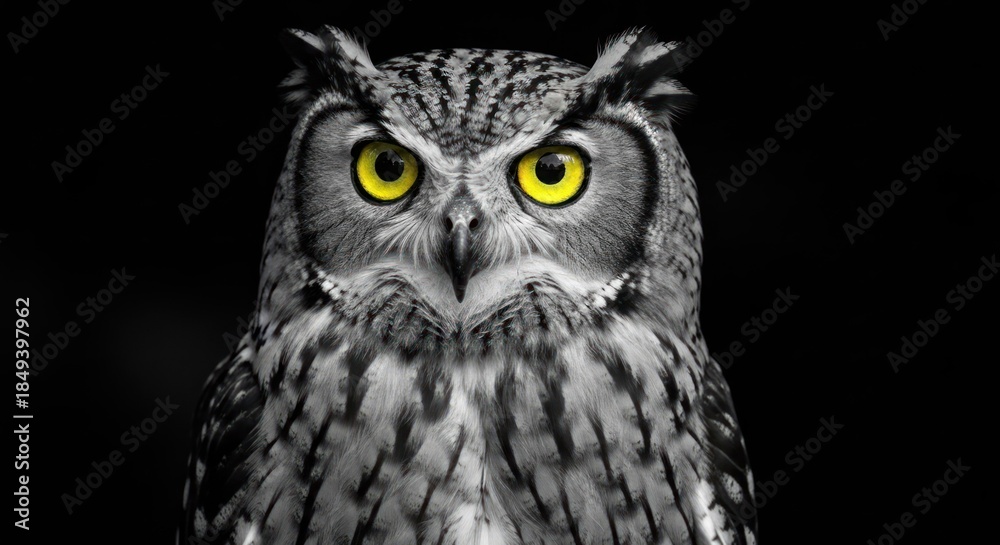 Fototapeta premium Close-up of an owl's face, gray and black plumage, bright yellow eyes against a black background