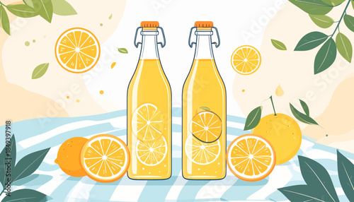 Refreshing citrus beverage in glass bottles with sliced oranges and leaves on a picnic blanket