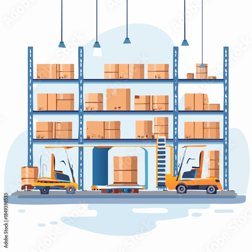 Forklifts operating in a warehouse with shelving units filled with cardboard boxes
