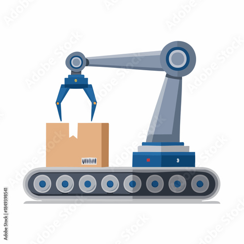 Industrial robotic arm lifting a cardboard box on a production line