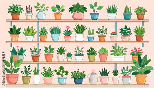Indoor plant collection arranged on shelves, vibrant green houseplants in decorative pots for home decor and botanical enthusiasts