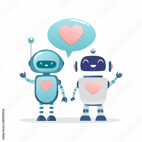 Two robots with heart symbols on their chests standing together with a heart-shaped speech bubble above them