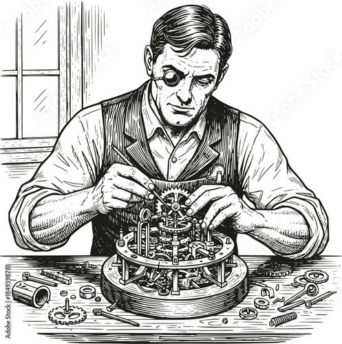 Vintage woodcut illustration of a manual printing press machine. Retro mechanical letterpress with printed newspaper sheets and hand crank, isolated on white. Industrial history and media.