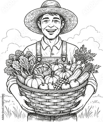 Vintage woodcut illustration of a happy male farmer holding a large woven basket filled with fresh autumn vegetables. Detailed retro organic harvest scene, isolated on white.