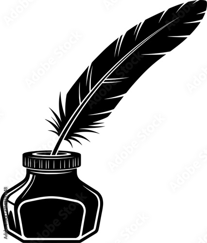 Feather Quill Pen in Inkwell Vector Icon - Vintage Writing Tool Illustration