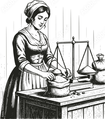 Vintage woodcut illustration of a colonial merchant woman weighing grain on antique scales. Traditional marketplace trade scene with sacks of flour, isolated on white background.