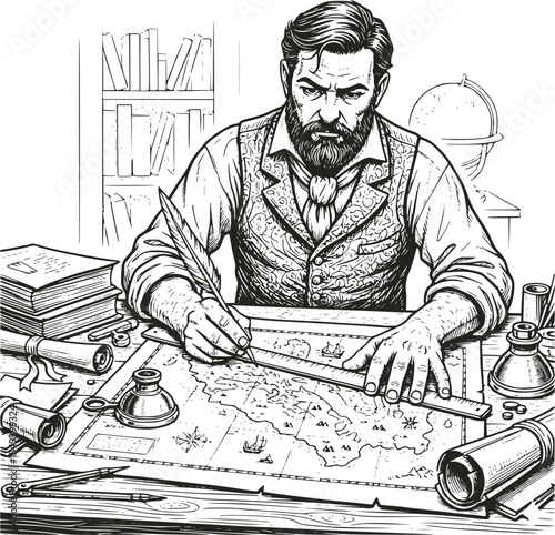 Vintage woodcut illustration of a 19th-century cartographer drawing a map with a quill and ruler. Retro explorer or navigator at a desk with scrolls, isolated on white.