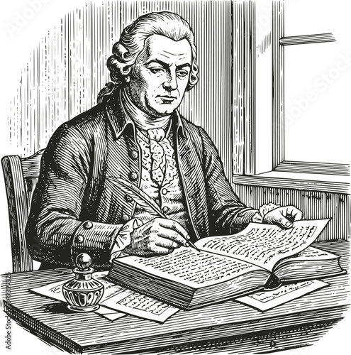 Vintage woodcut illustration of an 18th-century scholar writing in a large ledger with a quill. Antique academic scene with inkwell and desk, isolated on white. Retro history.