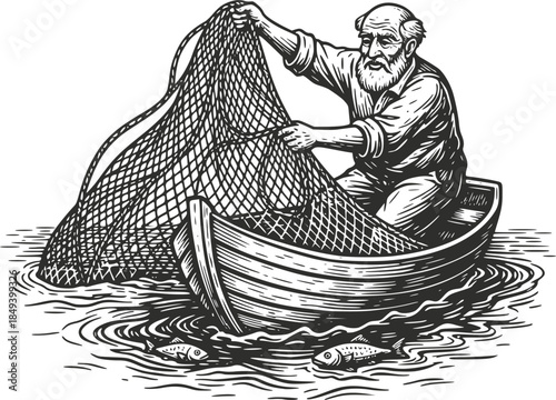 Vintage woodcut illustration of an elderly fisherman in a wooden rowboat pulling in a net full of fish. Retro maritime scene of traditional manual fishing, isolated on white.