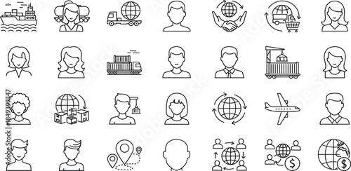 Comprehensive line art icon set featuring global logistics, international trade, supply chain management, shipping, e-commerce, and diverse business person avatars.