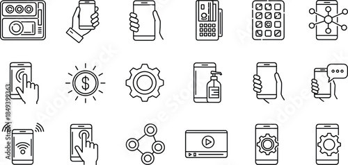 Collection of linear mobile technology icons for settings, app development, wireless connectivity, e-commerce, money transfer, and digital interaction with smartphones and devices.