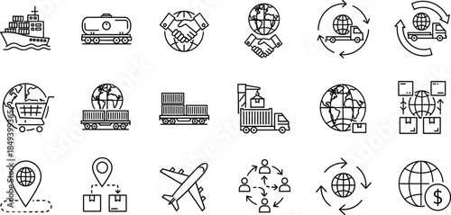 Comprehensive collection of global logistics, international trade, supply chain management, e-commerce, transportation, worldwide delivery, and financial business line art icons.