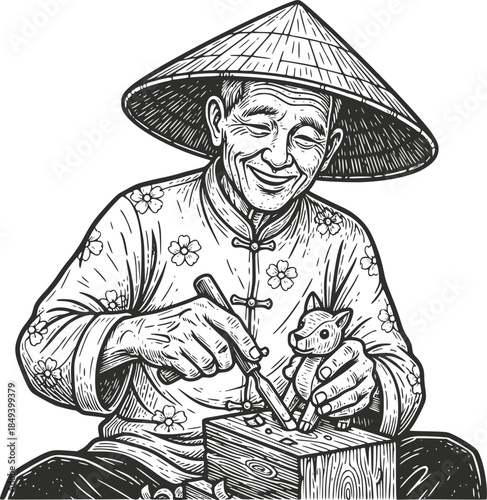 Vintage woodcut illustration of an elderly Asian woodcarver in a conical hat sculpting a small figure. Handcrafted artisan workshop scene, isolated on white background. Retro craft art.