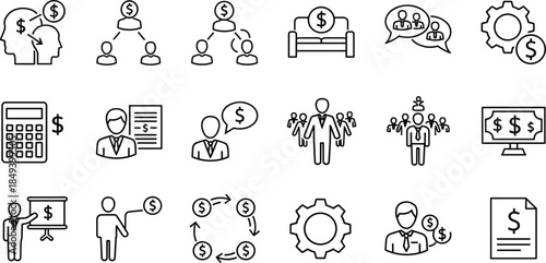 Money, Finance and Banking Line Icons Set, Financial Growth, Dollar Currency, Cash Savings, Investment, Profit Earning and Security Vector