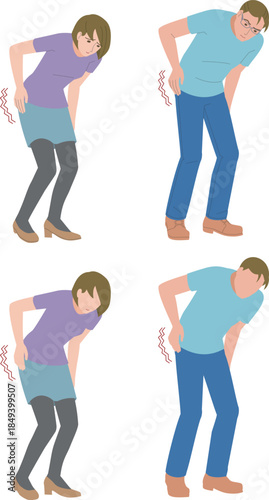 腰から脚の痺れに悩むミドルの男性と女性のイラスト