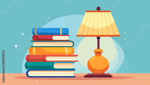 Cozy reading nook with a stack of books and a warm lamp creating a welcoming atmosphere for relaxation and knowledge