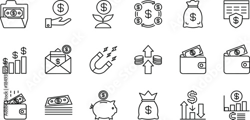 Finance and Money Line Icons Set, Business Investment, Financial Growth, Savings, Earning, Dollar Cash Flow, Banking Management Vector Collection