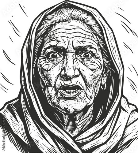 Vintage woodcut illustration of an elderly woman with deep wrinkles and a headscarf in a dramatic close-up portrait. Detailed retro character study, isolated on white background.