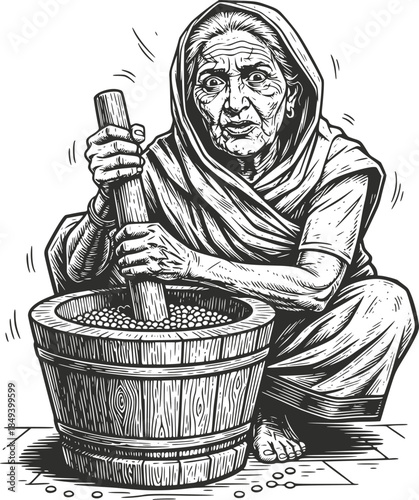 Vintage woodcut illustration of an elderly woman using a heavy wooden pestle to grind grain in a rustic barrel. Detailed retro manual labor scene, isolated on white background.