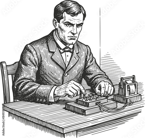 Vintage woodcut illustration of a 19th-century telegraph operator sending a message using a Morse code key at a wooden desk. Retro communications scene, isolated on white background.