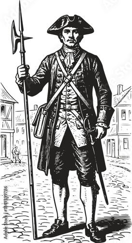 Vintage woodcut illustration of an 18th-century town watchman in a tricorn hat holding a halberd polearm. Detailed retro sentinel character, isolated on white background.