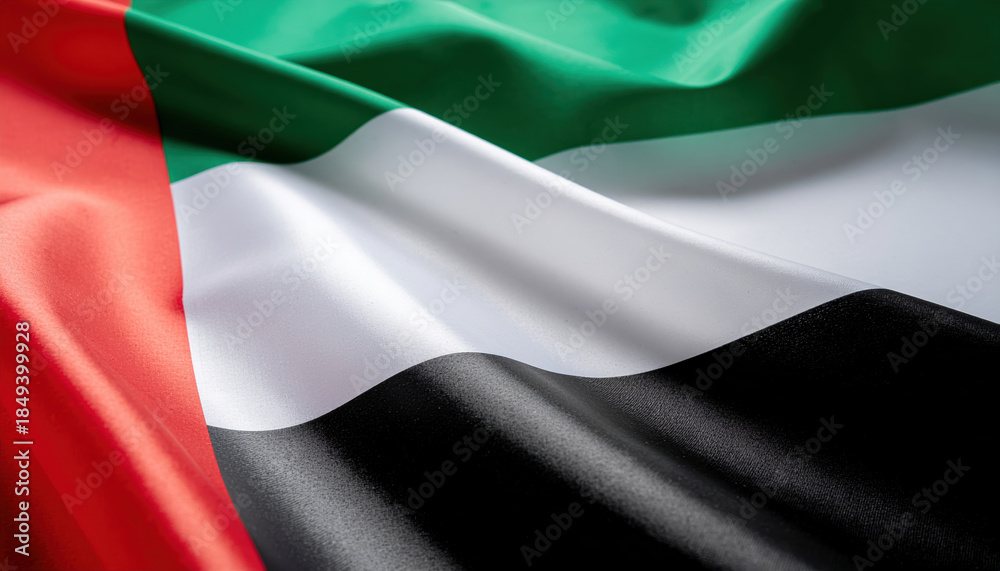 Obraz premium Uae flag fabric texture national day celebration pride symbol wave closeup silk patriotic banner background elegant detail