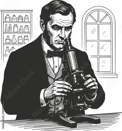 Vintage woodcut illustration of a 19th-century scientist peering through an antique microscope in a historical laboratory. Detailed retro research scene, isolated on white.