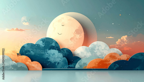 Dreamy celestial landscape featuring a large crescent moon with serene eyes and fluffy, colorful clouds floating above a reflective surface, evoking a sense of peace and wonder