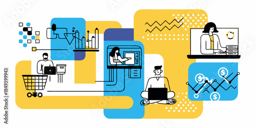 Modern digital workspace illustrating online shopping data analysis and virtual meetings